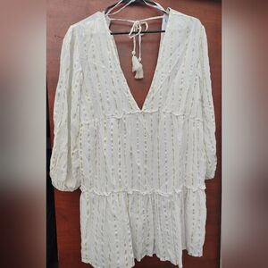 Blue Island Dress Womens Large White Gold Boho Tiered V-Neck Long Sleeve